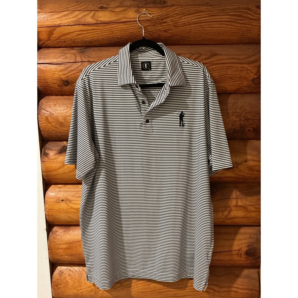 U‎ Suck At Golf Mens XL Polo Shirt Navy Blue White Striped Performance Golf Top